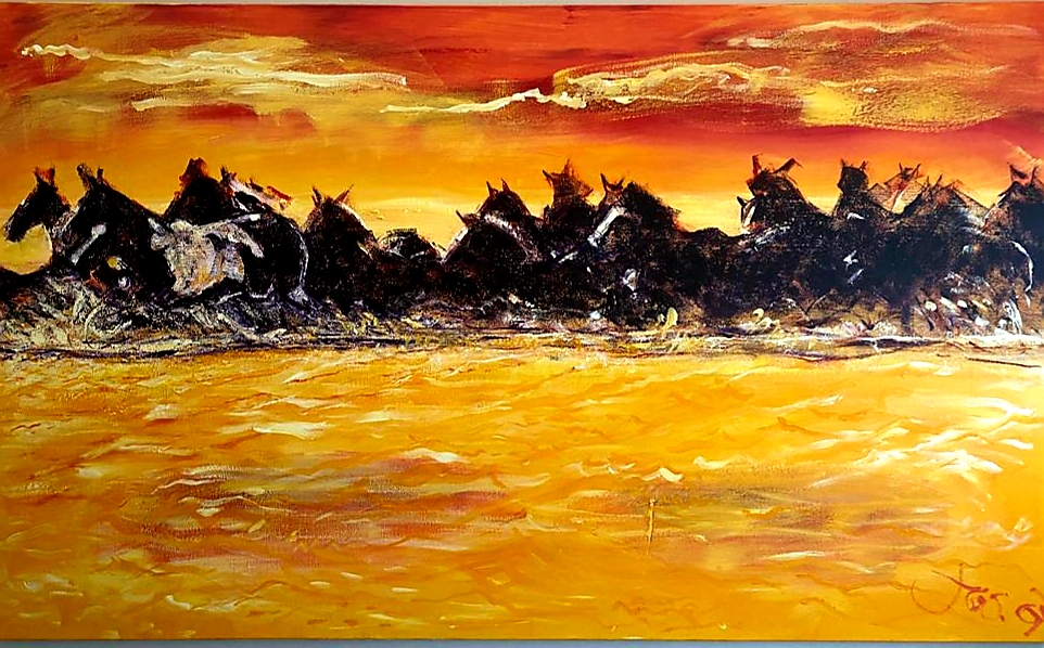 Friese paarden, acrylverf op doek.  200 -120 cm.
